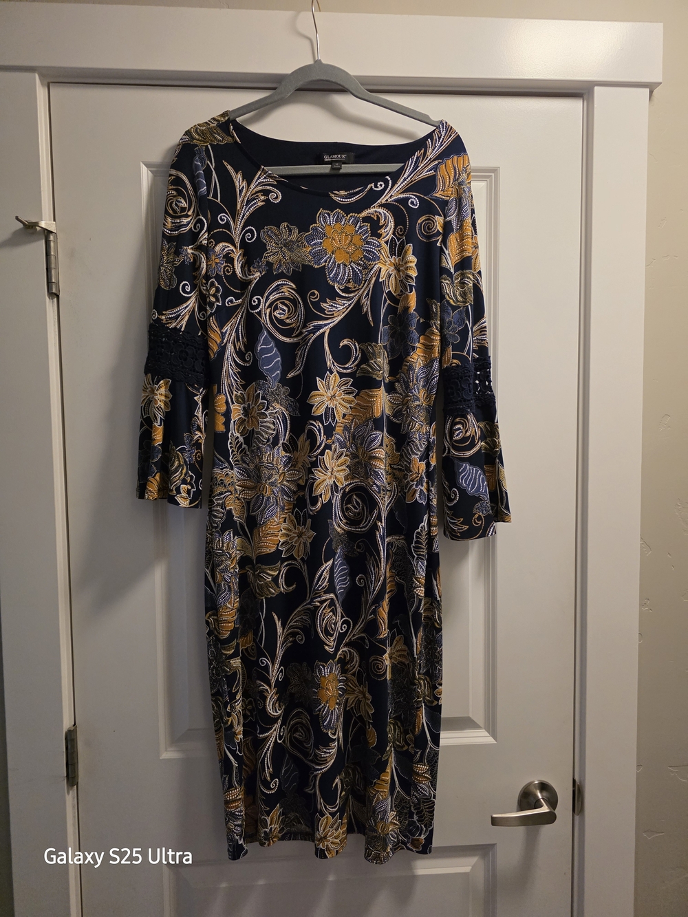 Glamour Navy Floral Bell-Sleeve Midi Dress with Mustard Accents